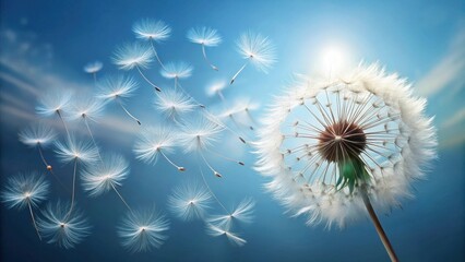 Obraz premium Serene Dandelion Seeds Floating on a Gentle Breeze Against a Blue Sky