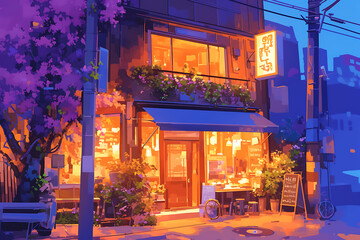 Obraz premium Cozy evening scene of a vibrant caf? with warm lights, blooming flowers, and city ambiance