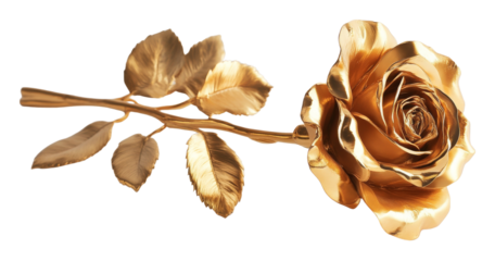 Golden rose with detailed petals and leaves, luxurious gift concept