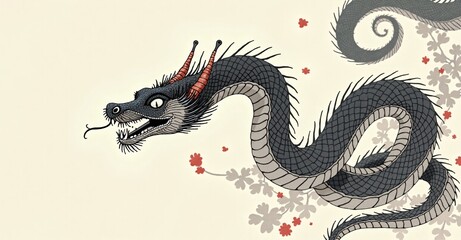 Fototapeta premium Year of the Snake 2025 poster,card,banner. A dragon and snake intertwined in a yin-yang style.