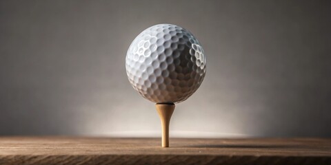 A single golf ball rests on a wooden tee, poised on a rustic table against a muted backdrop