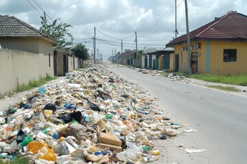 A street overflowing with plastic waste and refuse. Illustrates the consequences of improper waste disposal and environmental pollution.