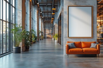 Blank poster on a wall in a modern open office space with concrete floors, glass walls, and copy space on the right, ideal for advertising or design concepts.