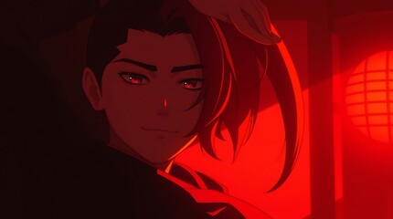 Fototapeta premium Handsome anime man in red lighting.