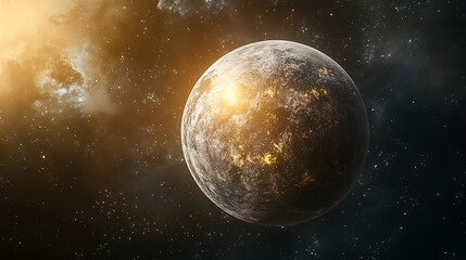 Obraz premium A distant planet illuminated by cosmic light in space.