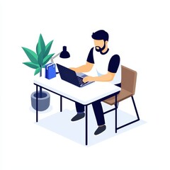 Man sitting at desk using laptop in office environment with notepad and coffee cup nearby