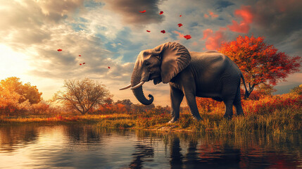 Fototapeta premium Majestic elephant by autumn lake at sunset.