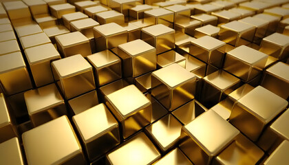 Golden Cubes Abstract Background: Luxurious 3D Render of Shiny Gold Blocks