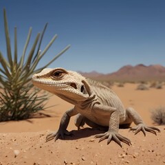 Fototapeta premium A light brown lizard with scaly skin is in the desert. In the background are desert plants and hazy mountains. The sky is bright blue with no clouds.