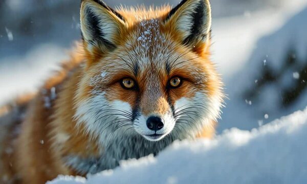 Close-up of a red fox with snow on its fur, symbolizing beauty and adaptability in winter environments.