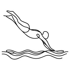 Line drawing of swimmer diving into water on white background 