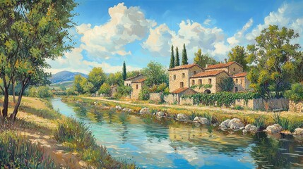 Fototapeta premium Sunny river scene with houses and trees.