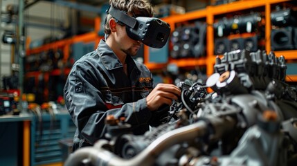 Obraz premium Futuristic Mechanic Utilizing Augmented Reality for Real-Time Engine Diagnostics and Repairs