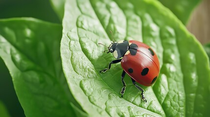 Obraz premium A ladybug perched on a green leaf, showcasing its vibrant red color and distinctive black spots in a natural setting.