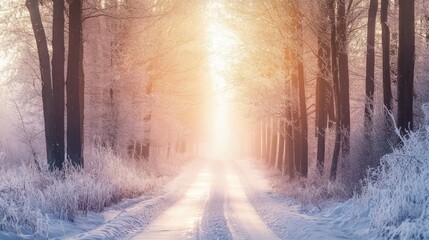 Obraz premium Winter Wonderland: Sunlight Shining Through Snowy Forest Path