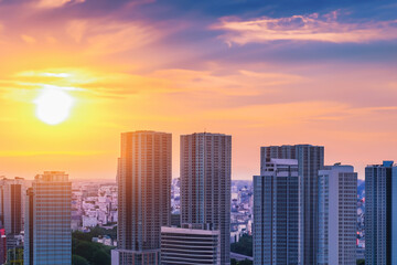 Fototapeta premium Panoramic skyline and modern commercial buildings with sunset views