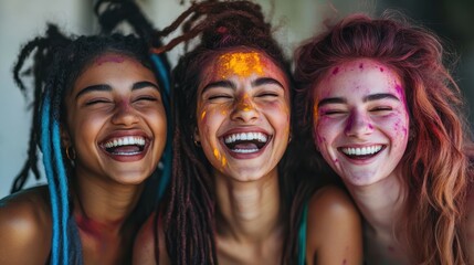 Fototapeta premium A group of friends laughing during Holi, brightly colored powders creating sharp contrast with the darker background