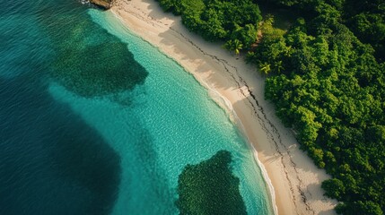 Aerial View of Secluded Tropical Beach Paradise: Turquoise Waters, Lush Greenery, and Pristine Sands