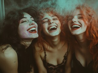 Obraz premium A group of friends laughing during Holi, brightly colored powders creating sharp contrast with the darker background