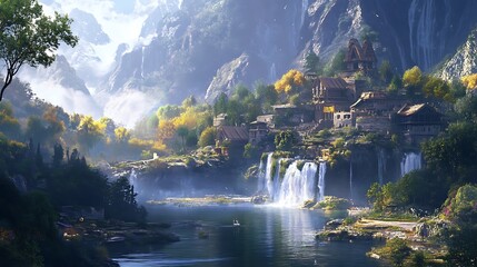 Serene landscape with waterfalls and quaint village by a river.
