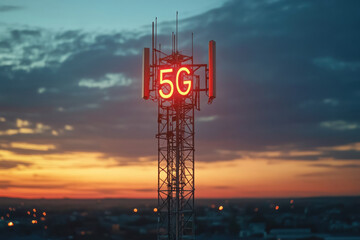Cell 5g tower with red sign warning of high voltage, surrounded by trees under clear blue sky.
