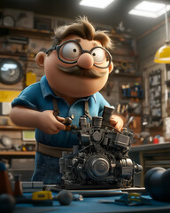 Mechanic Fixing A Car Engine in A Workshop. 3D cartoon character illustration, high definition