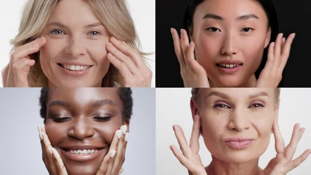 Four women of different backgrounds engage in their skincare routines, showcasing diverse beauty practices and pampering moments. Each demonstrates joy and self-care through touch and expressions.