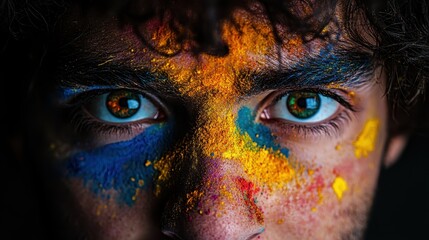 Naklejka premium A close-up portrait of a person s face covered in vivid Holi powders, set against a deep shadow background for striking contrast