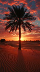 Single palm tree stands alone in the desert casting a long shadow on the sand as the sun sets with the sky ablaze in shades of orange and pink