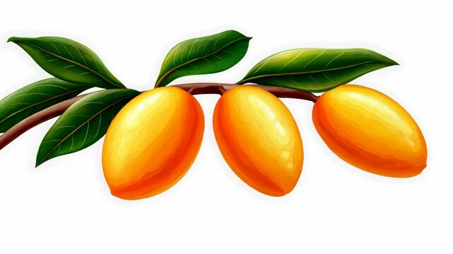 Sweet and vibrant sapodilla fruits on a green branch against a white background