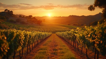 Naklejka premium Golden Hour Vineyard Sunset: Rows of Vines at Dusk