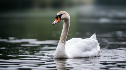 A single swan swims in a lake, with soft ripples on the water and a blurry background.