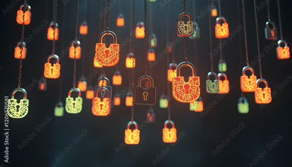 Wall mural glowing digital locks: abstract cybersecurity art key void safe code