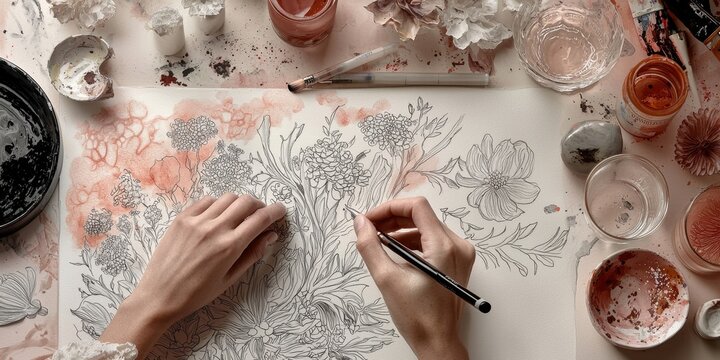 Close-up of Artistic Sketching Process with Intricate Designs and Art Supplies