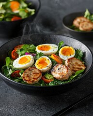 Fresh Spinach Salad with Soft Boiled Eggs and Grilled Chicken Pieces