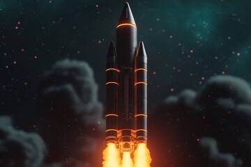 Fototapeta premium A sleek rocket launches into a starry sky, emitting bright flames as it ascends through the clouds, symbolizing exploration and the quest for space discovery.