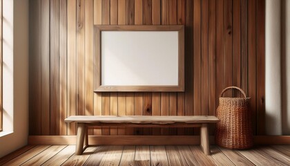 Empty Rustic Wood Accents Wall Mockup in Farmhouse Interior with Wooden Bench and a Wicker Basket. Natural Daylight From a Window. Promotion Background.