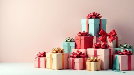 Obraz premium A Festive Array of Pastel-Colored Presents with Vibrant Ribbons, Stacked in a Pyramid Shape on a Soft Pink Background