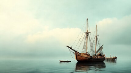 A serene scene featuring a classic ship sailing on calm waters, surrounded by soft clouds and a tranquil atmosphere.