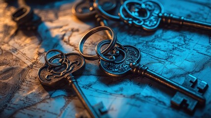 Antique keys on vintage map, mystery concept.