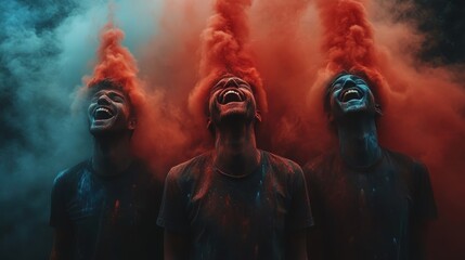 A group of friends laughing during Holi, brightly colored powders creating sharp contrast with the darker background
