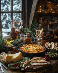 Fototapeta premium Cozy Winter Table Setting with Homemade Food and Festive Decor