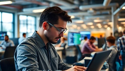 Fototapeta premium Focused Software Engineer in Busy Office Environment code coding laptop