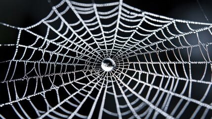 Obraz premium Dew-covered spiderweb, intricate design, dark background.
