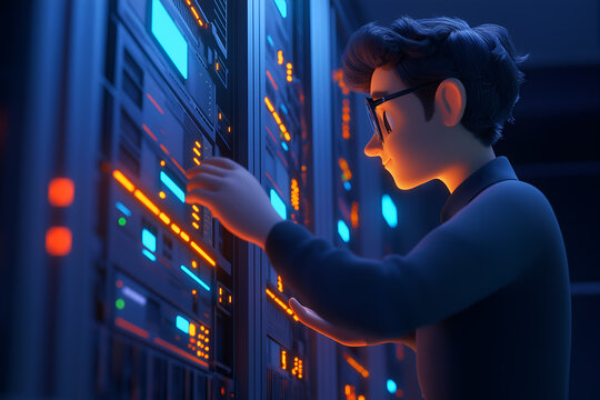 It Specialist Working On Server Racks in A Data Center. 3D cartoon character illustration, high definition