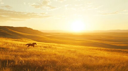 Obraz premium Lone horse runs across golden field at sunset.