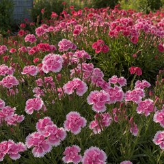 A bed of pink dianthus flowers in a cottage garden.