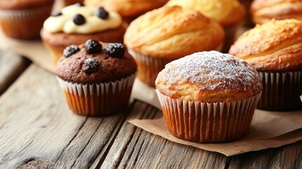 Assorted delicious muffins on wooden table.