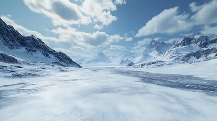 Obraz premium Vast snowy landscape with mountains and a clear blue sky.