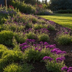 Purple verbenas planted along a garden edge.